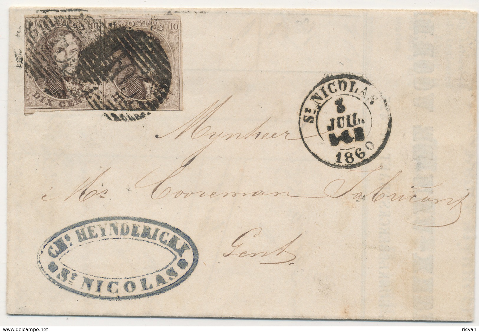 1860 BRIEF VAN St NICOLAS NAAR GAND MET COB 10A?(paar) ZIE SCAN(S) - 1858-1862 Médaillons (9/12)