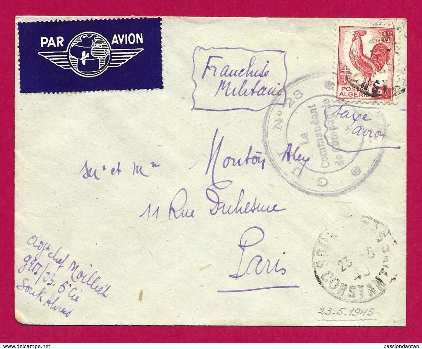 Enveloppe Expédiée Par Voie Aérienne Datée De 1945 - Voyagée De Souk Ahras Vers Paris - Guerre De 1939-45