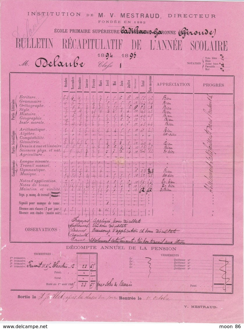 1894 95 - DOCUMENT SCOLAIRE ECOLE PRIMAIRE SUPÉRIEURE CADILLAC SUR GARONNE - INSTITUTION MESTRAUD - - Diplômes & Bulletins Scolaires