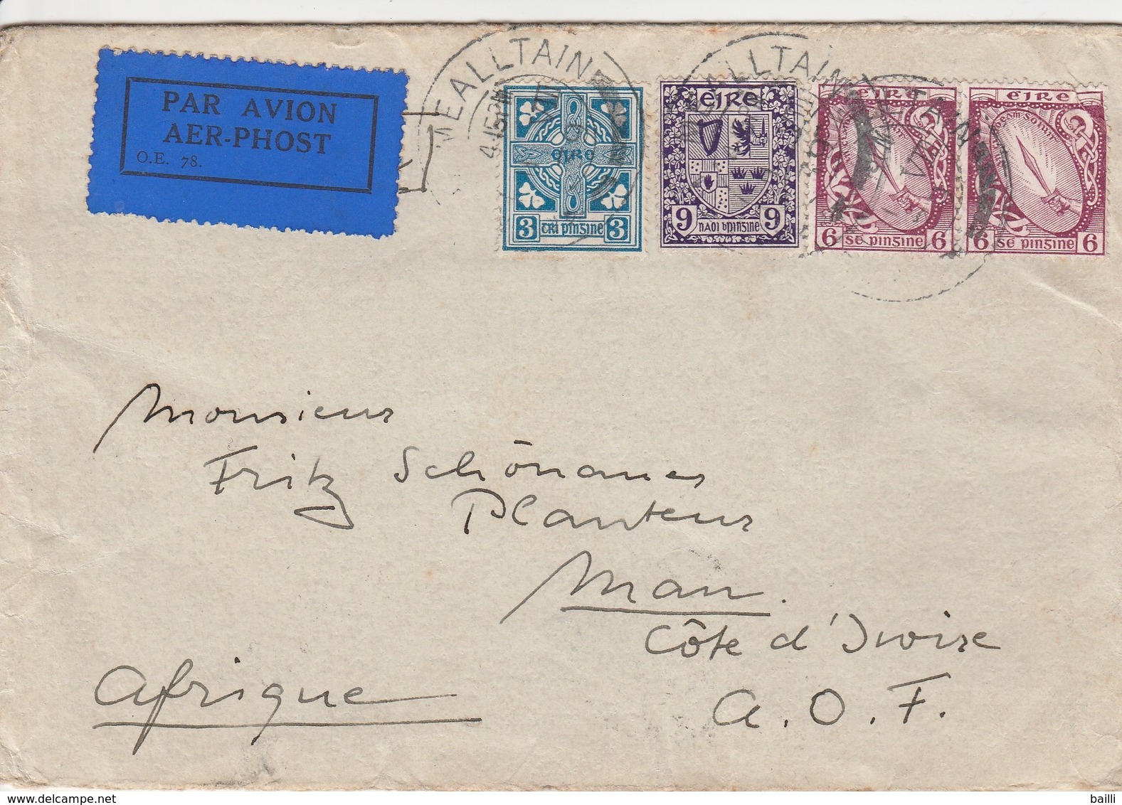 Irlande Lettre Pour La Cote D'Ivoire 1939 - Briefe U. Dokumente