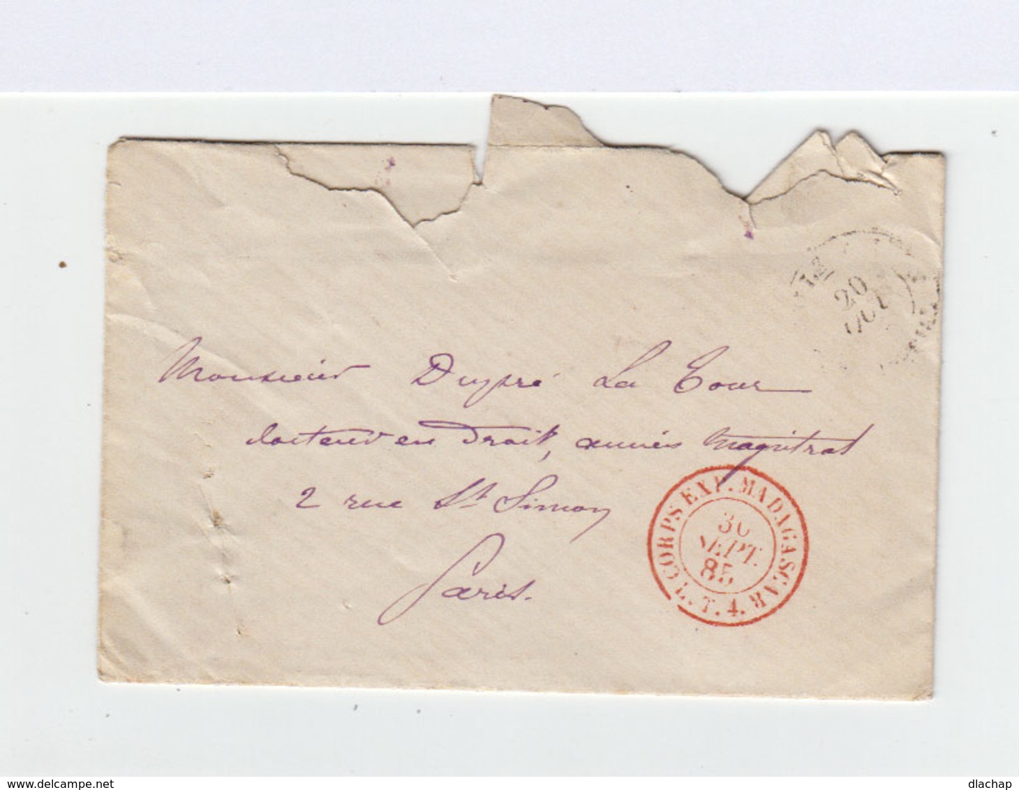 Sur Enveloppe Avec Correspondance FM  Cachet Rouge Du Corps Expéditionnaire De Madagascar Du 30 Septembre 1885. (947) - Autres & Non Classés