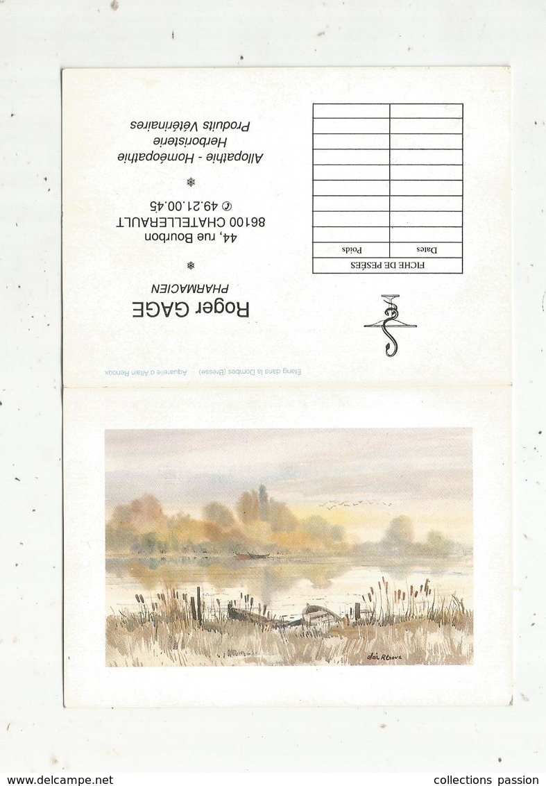 Calendrier Petit Format , 1990 , Roger GAGE , Pharmacien , Aquarelle De A. Renoux , étang Dans La Dombes ,Bresse,3 Scans - Small : 1981-90