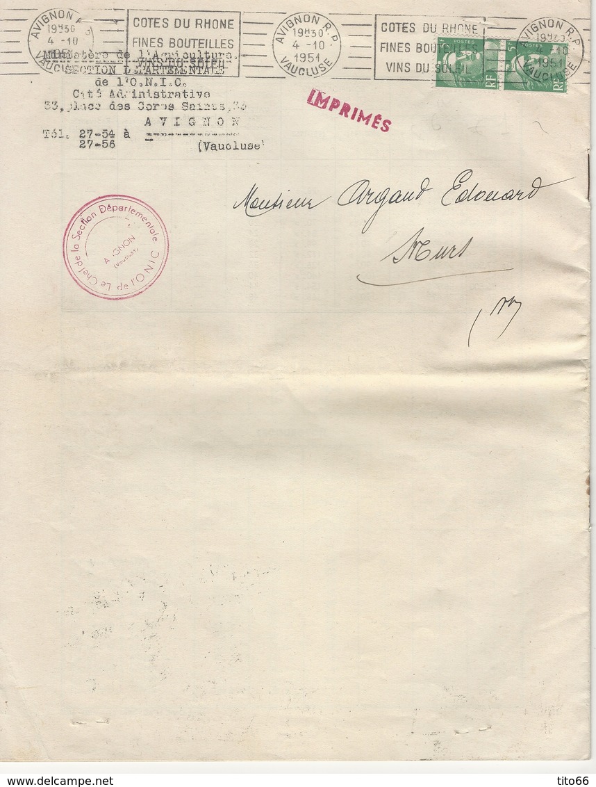N° 809 En Paire Marianne De Gandon Sur Doc Imprimé Section Départementale De L' ONIC TAD Avignon 4/10/51 - 1961-....