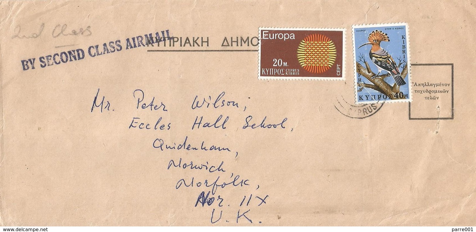 Cyprus 1970 Nicosia EUROPA CEPT Hop Bird Second Class Airmail Handstamp Cover - Brieven En Documenten