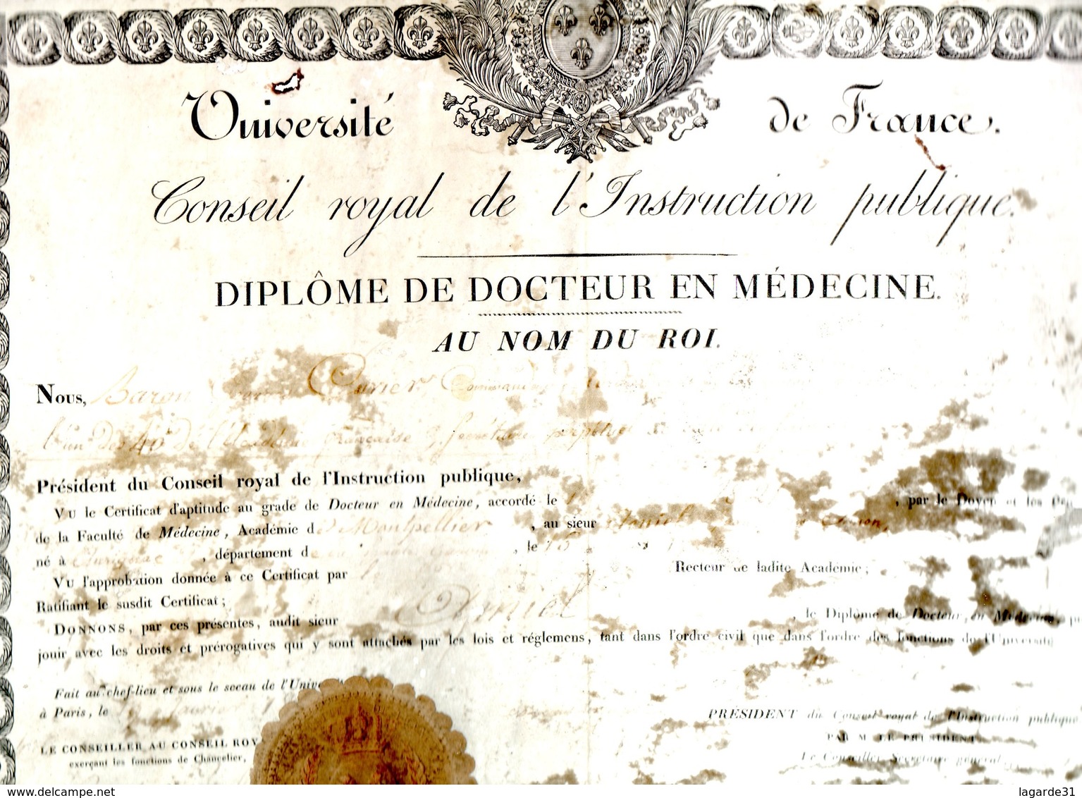 RARE 1822 - Diplome Docteur En Medecine Académie De Montpellier AMIEL   Aurignac 31 ( Nombreux Trous Defauts) - Diplômes & Bulletins Scolaires