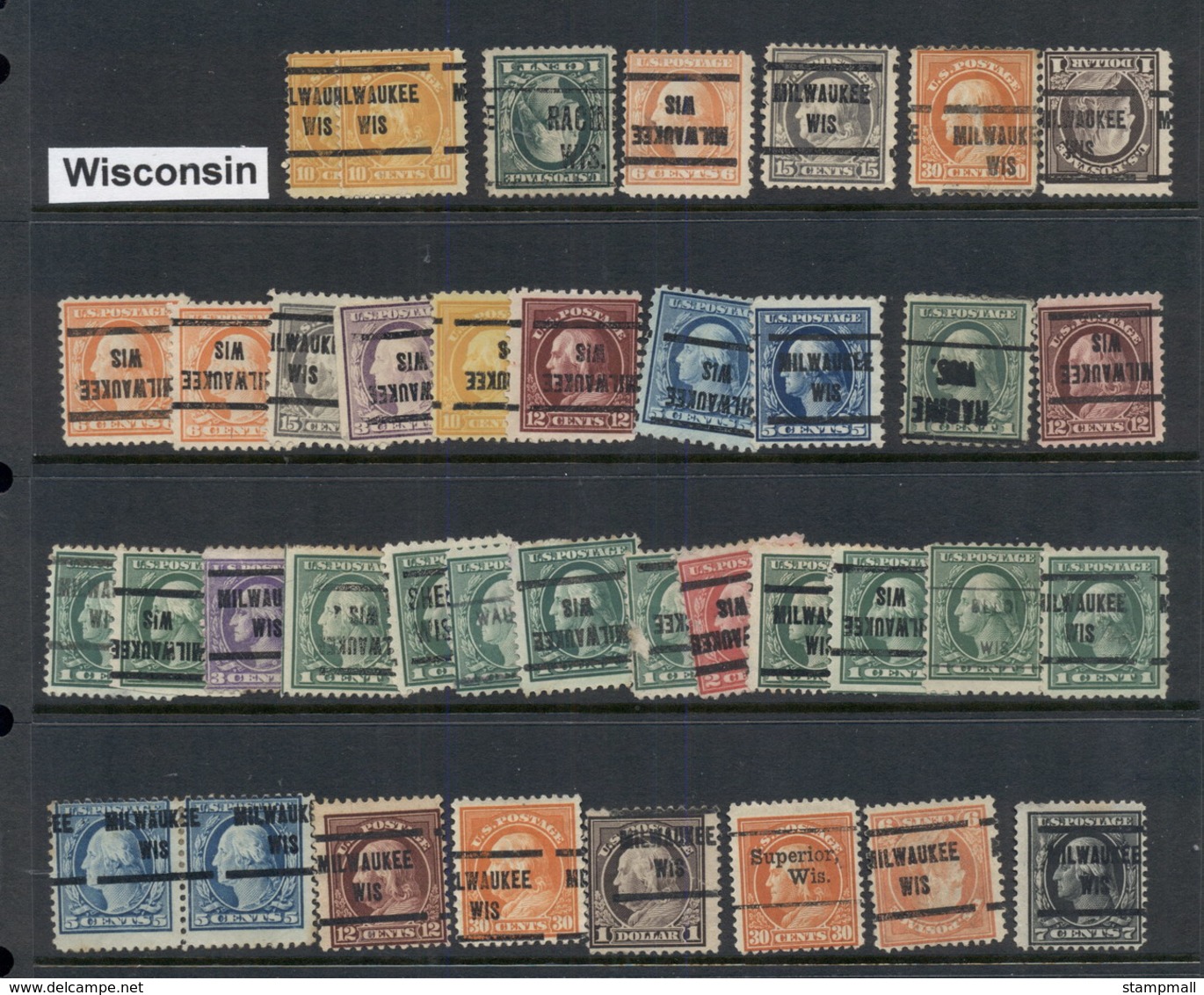 USA 1908-1919 Washington Franklin Precancels T&C Assortment, Wisconsin - Used Stamps