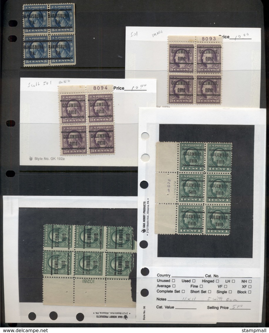 USA 1908-1919 Washington Franklin Precancels T&C Assortment, Blocks & Multiples, Plate Block, Imprint etc, some Mint, ha