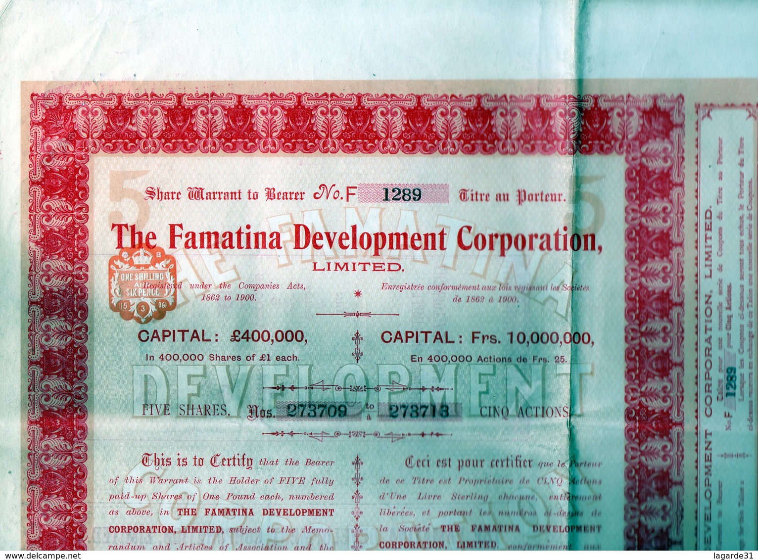 THE FAMATINA DEVELOPMENT CORPORATION (titre De 5 Actions) 1906 - S - V