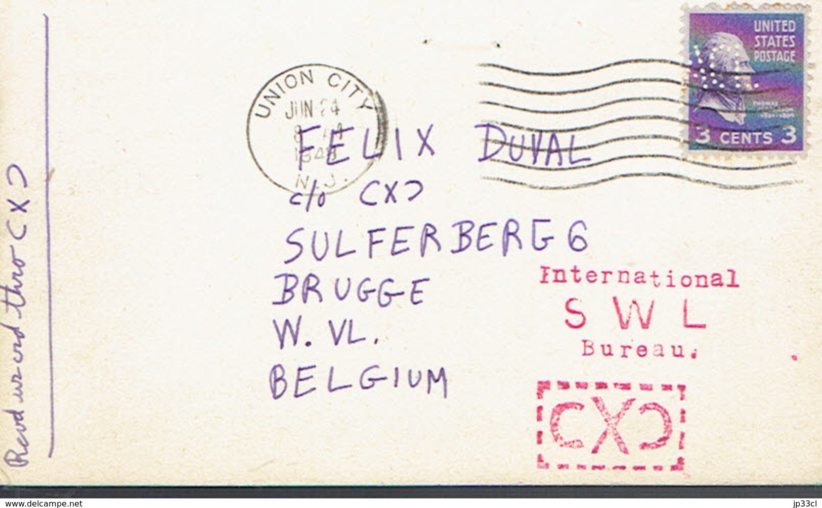 Timbre Thomas Jefferson Perforé ACL Sur CP (QSL Card) De1948 Vers La Belgique - Perforés