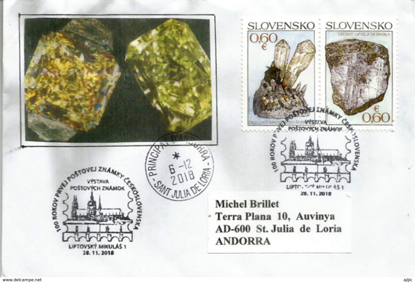 Mineraux De Slovaquie, émission 2018. La Libéthénite & L’euchroïte, Sur Lettre  FDC Adressée Andorra,avec Timbre à Date - Minéraux