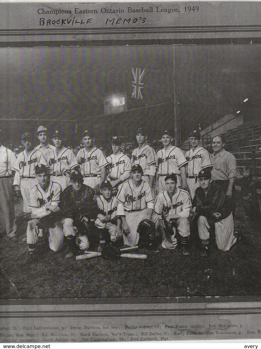 Champions Eastern Ontario Baseball League, 1949 Brockville Memo's  13.6" X 11.6" 30.5 Cm X 29 Cm Names Given - Sports