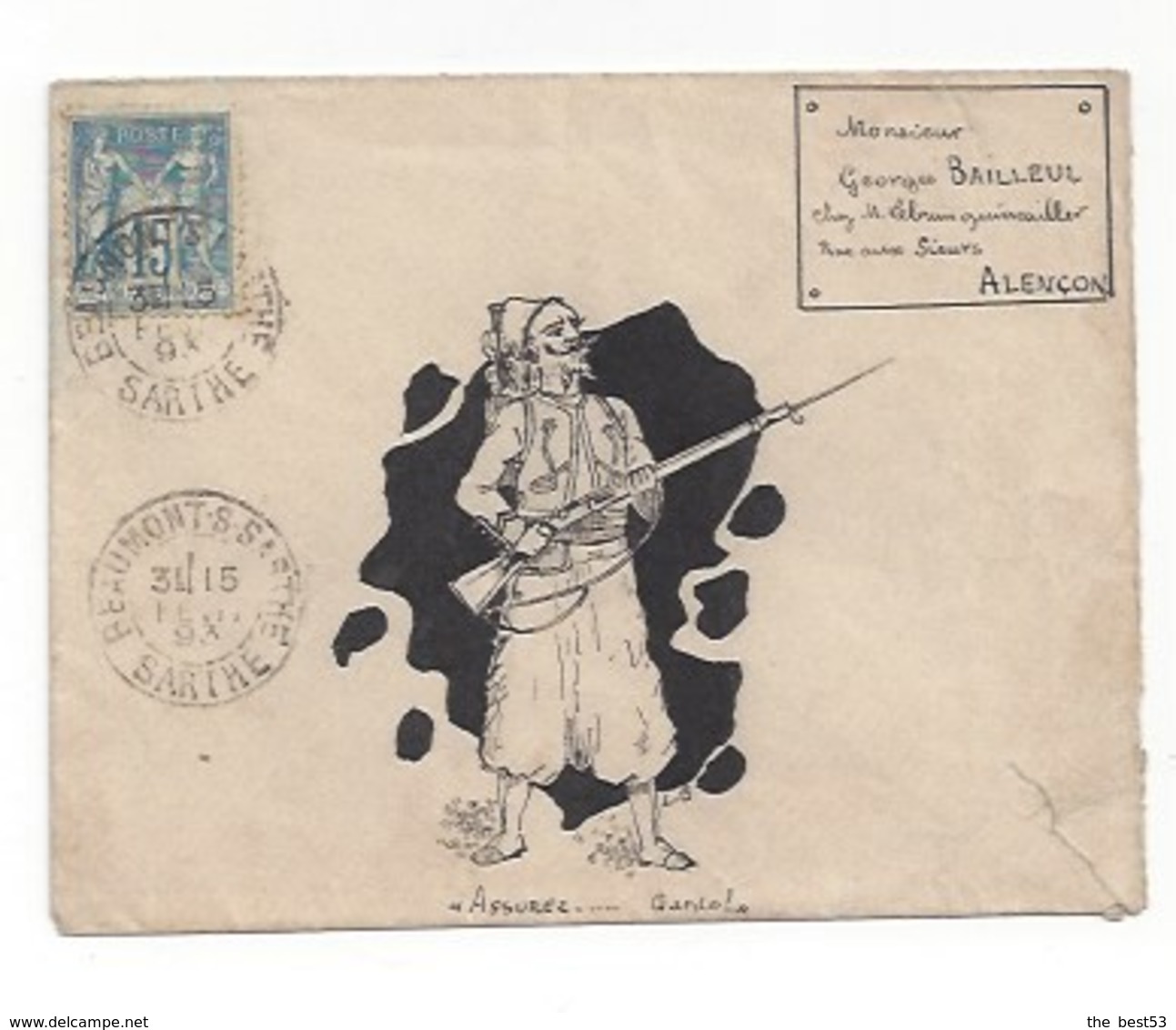 Lettre Illustrée à L'encre De Chine  -  Assurez ... Garde (Militaire)  -  Sage  -  Beaumont Sur Sarthe 1893 - 1877-1920: Période Semi Moderne