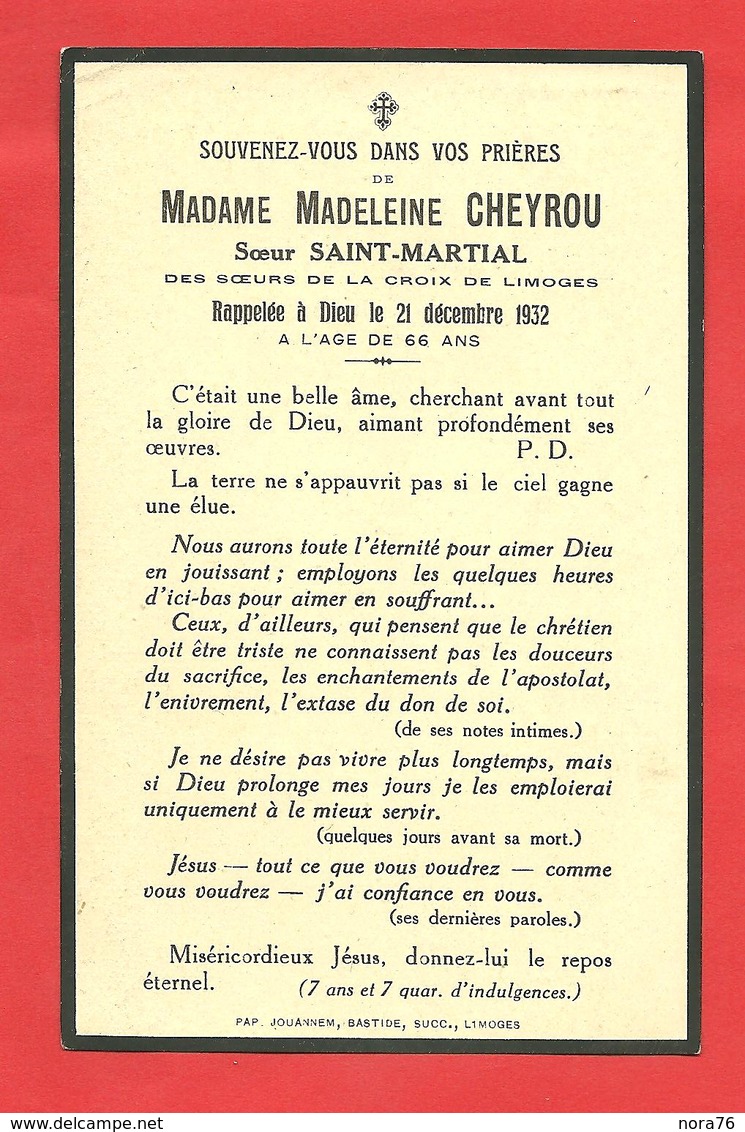 Faire Part Décès De M.Madeleine Cheyrou  Soeur Saint-Martial  Des Soeurs De La Croix Rouge De Limoges Le 21/12/1932 - Décès