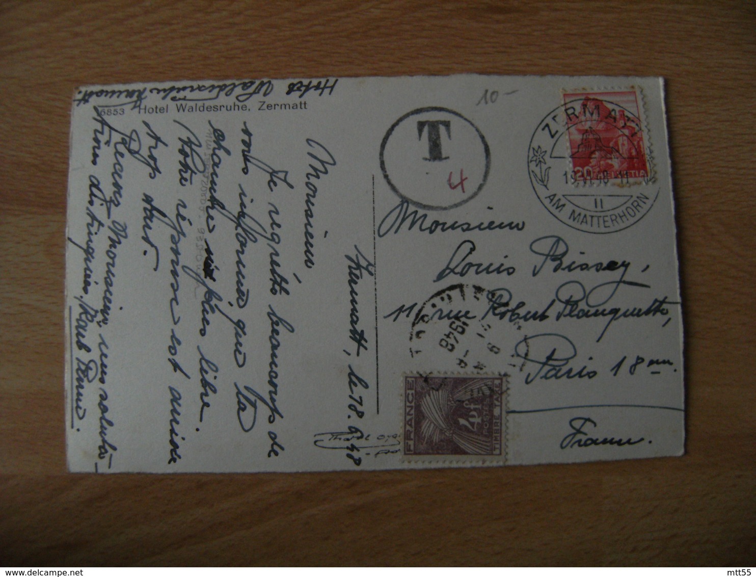 Lettre Taxee Timbre Gerbe Gerbes4 F Sur Lettre De Zermatt Suisse - 1859-1959 Briefe & Dokumente