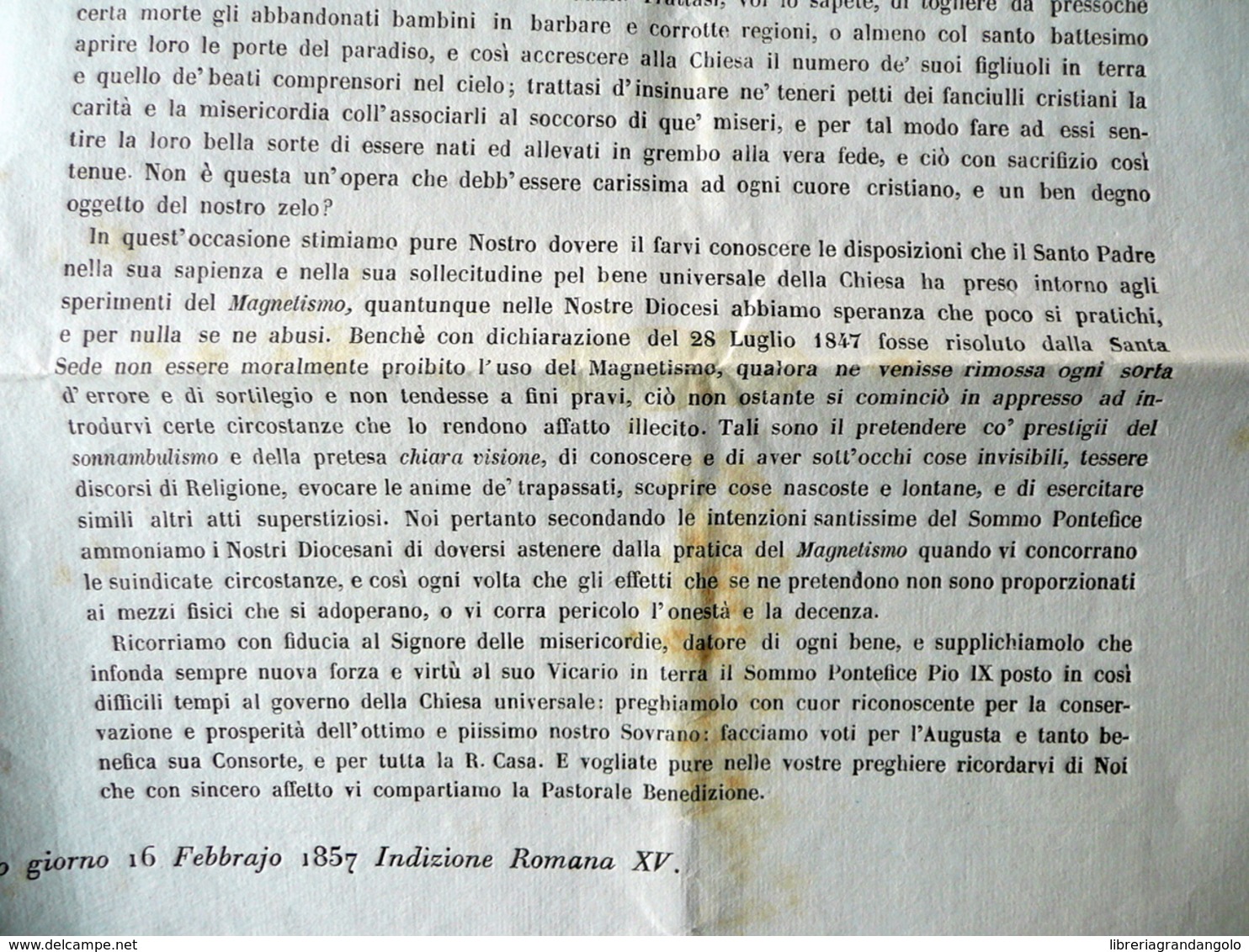 Grida Indulto Pontificio Quaresima 1857 Contro Magnetismo Sonnambulismo Soliani - Non Classificati