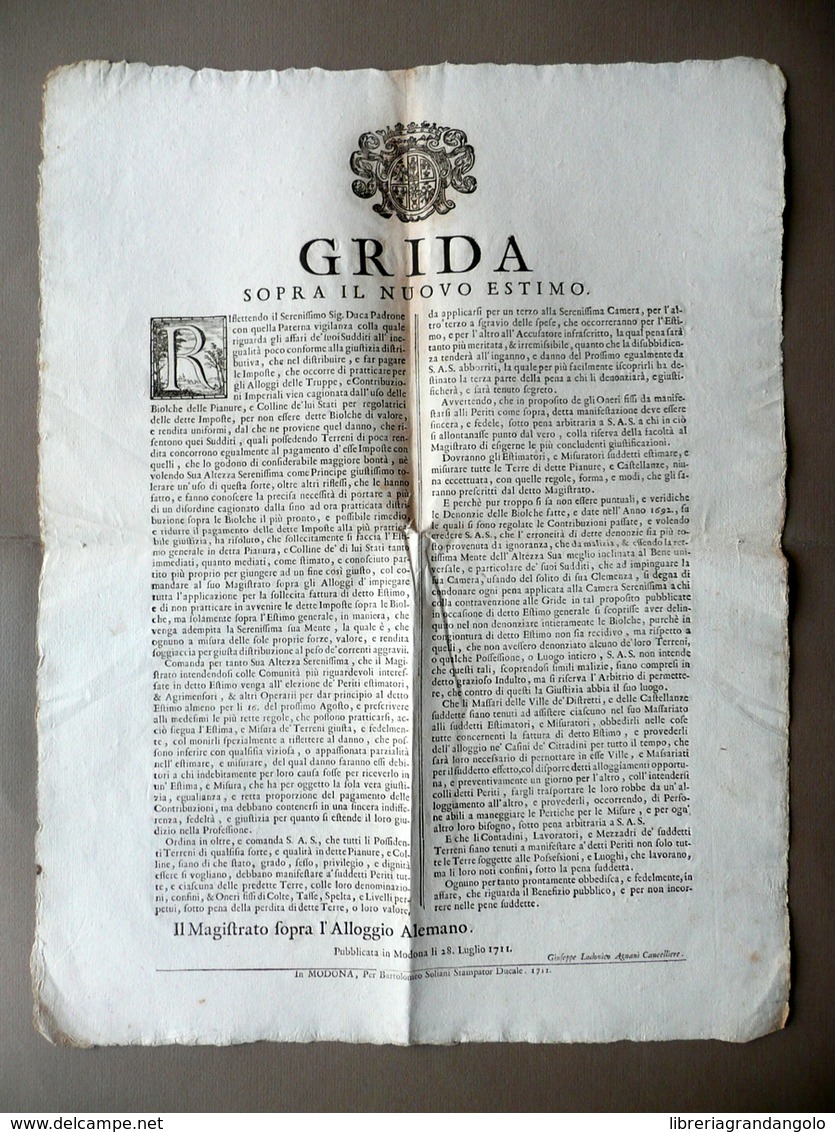 Grida Sopra Il Nuovo Estimo Soliani Modena 1711 Alloggio Truppe Rendita Terreni - Non Classificati