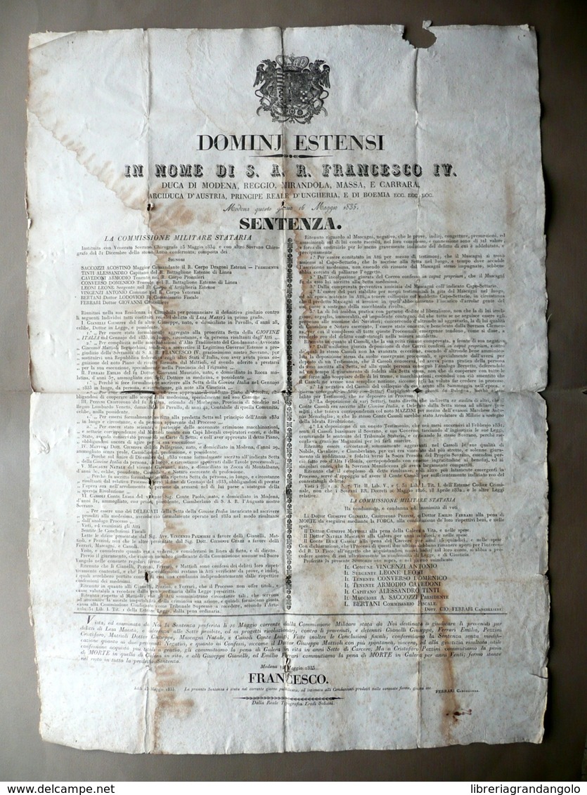 Sentenza Giovine Italia Moti Lesa Maestà Mattioli Mascagni Zocca Modena 1835 - Unclassified