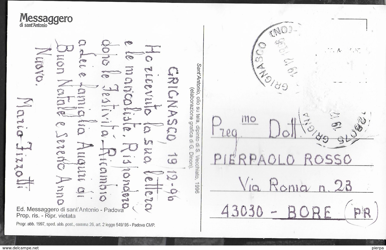 S. ANTONIO - EDIZ. IL MESSAGGERE DI S. ANTONIO - VIAGGIATA 1996 FRANCOBOLLO ASPORTATO - Santi