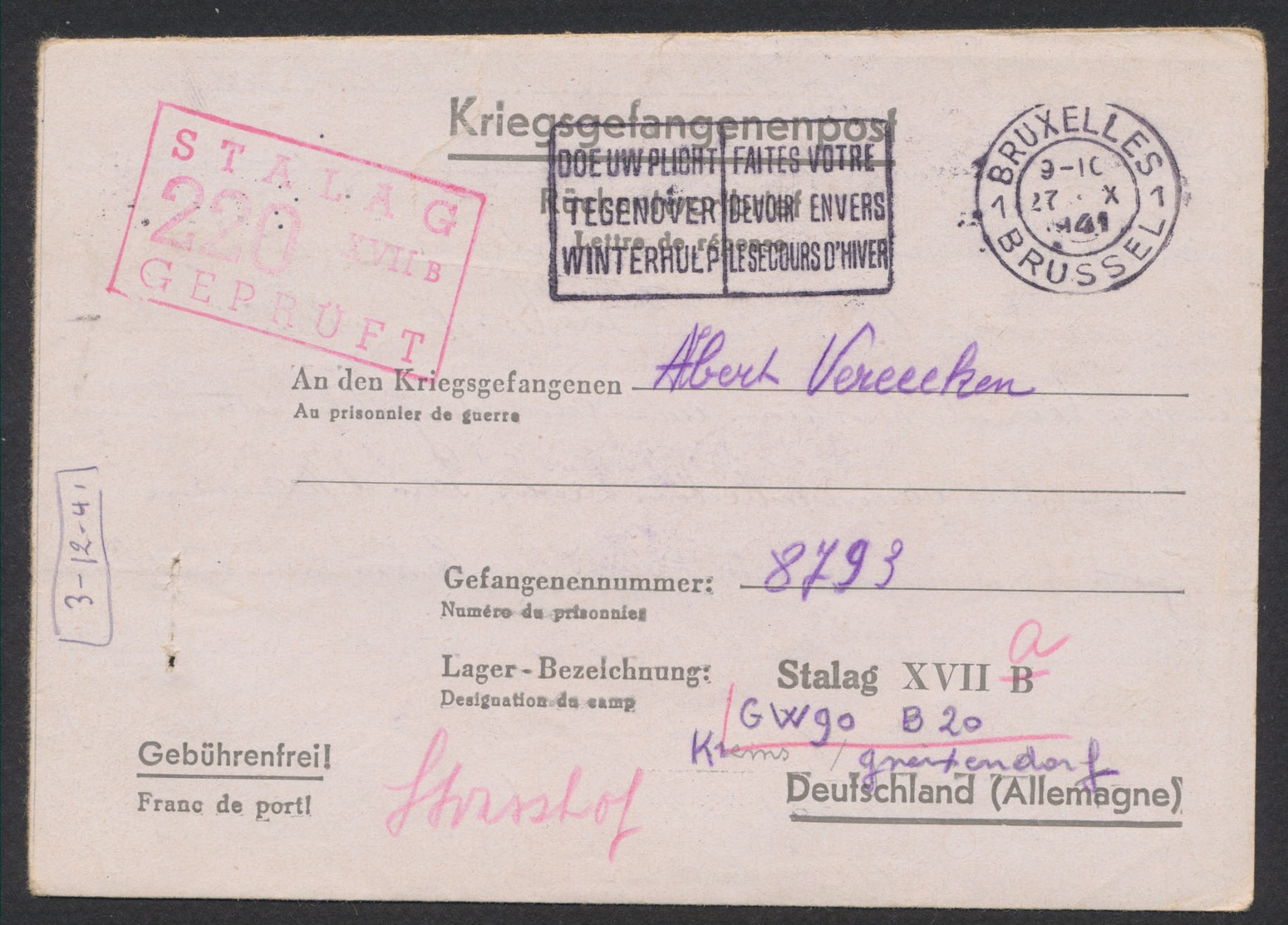 Guerre 40-45 - Lettre "Kriegsgefangenenpost" Obl Mécanique Bruxelles 27/10/41 Vers Le Stalag XVII A (krems-gneixendorf) - Guerre 40-45 (Lettres & Documents)