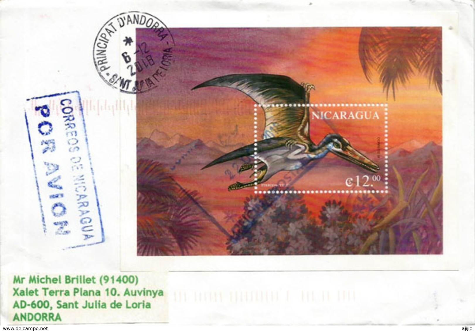 Ptérodactyle (reptile Volant) Bloc-feuillet Nicaragua,sur Lettre Adressée Andorra, Avec Timbre à Date Arrivée (2 Photos) - Nicaragua