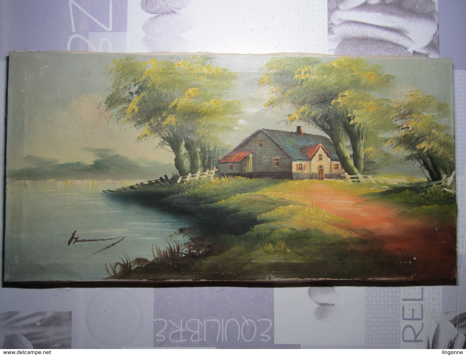 Tableau à L'huile Sur Toile Paysage Signature à Identifier 30 X 60 Cm - Tempere