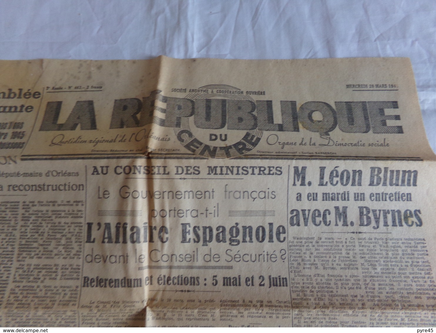 Journal " La République Du Centre " Du 20 Mars 1945 " L'affaire Espagnole " - Autres & Non Classés