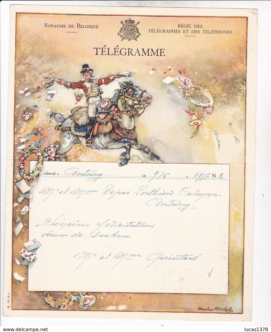 TELEGRAMME DE PHILANTROPIE / CHARLES MICHEL / DEPART ANTOING - Telegrams