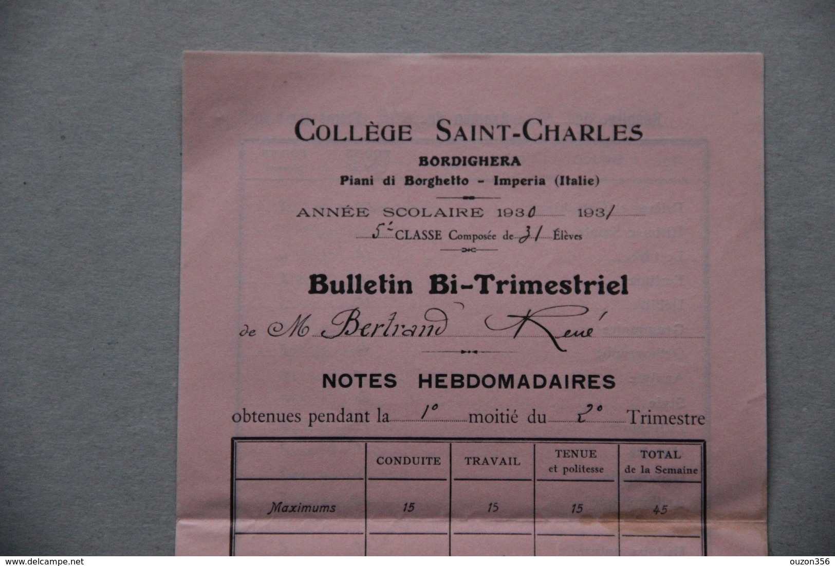 Bulletin Collège Saint-Charles à Bordighera (Italie), 1931 - Diploma & School Reports