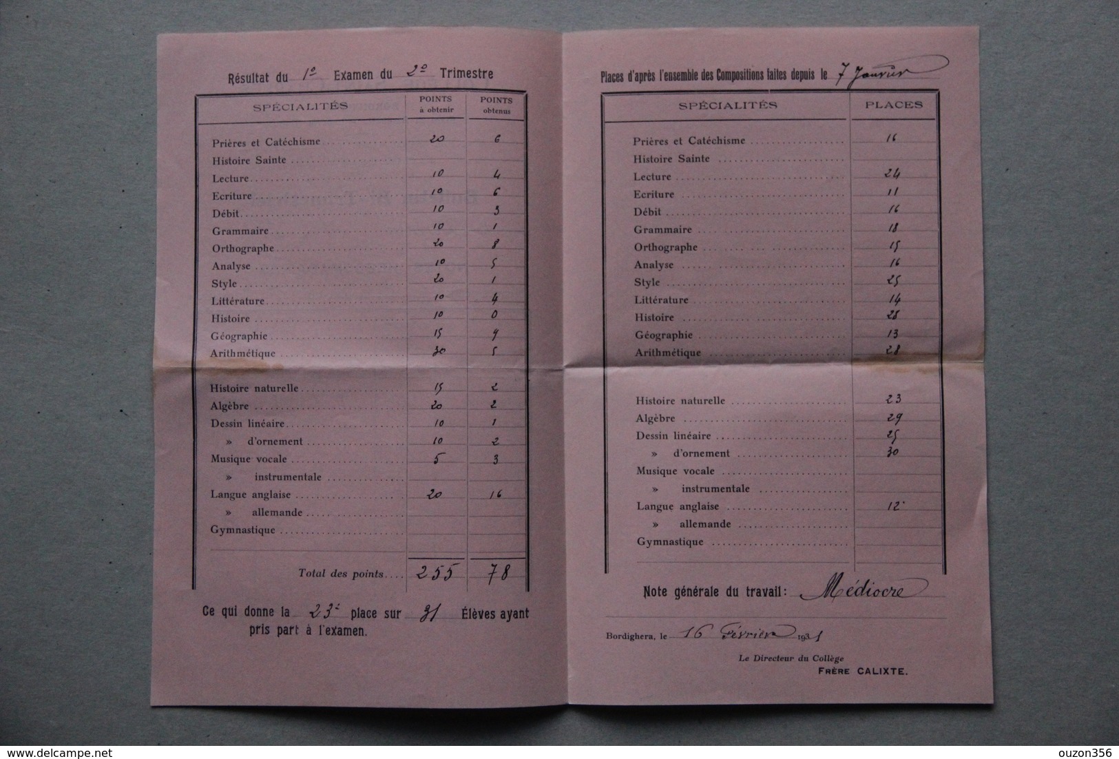 Bulletin Collège Saint-Charles à Bordighera (Italie), 1931 - Diploma & School Reports