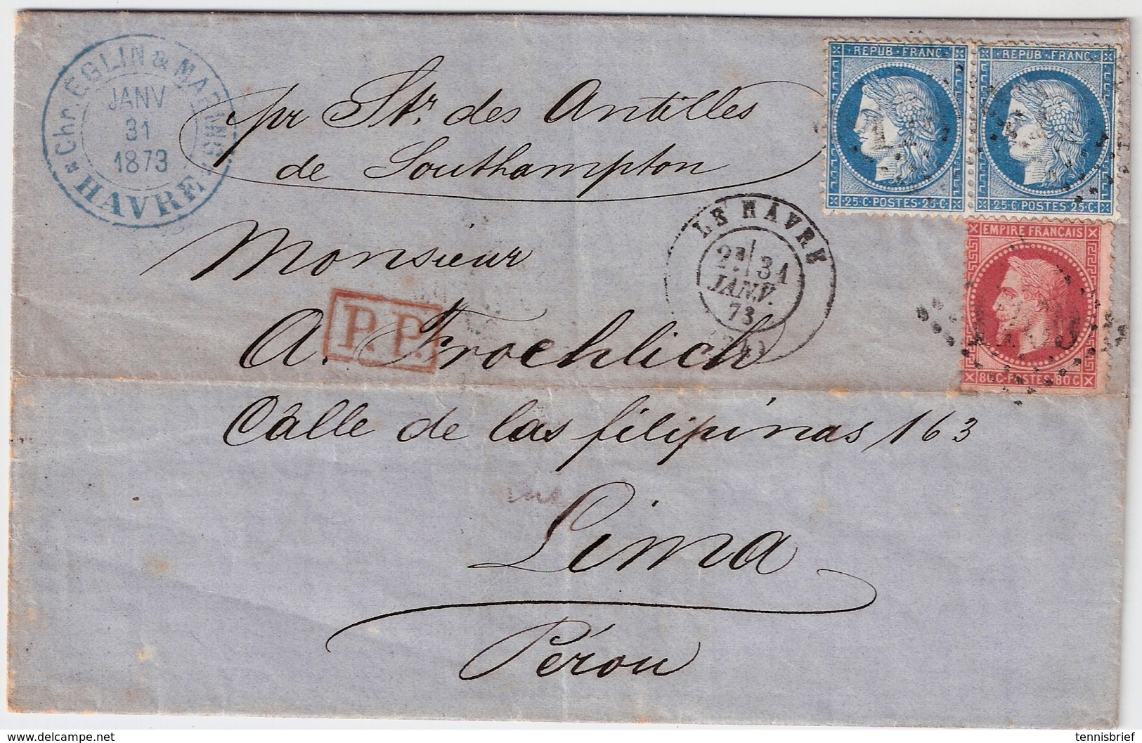 1873, Lettre " LE HAVRE " Pour Lima, Perou   , #a1506 - 1849-1876: Periodo Classico