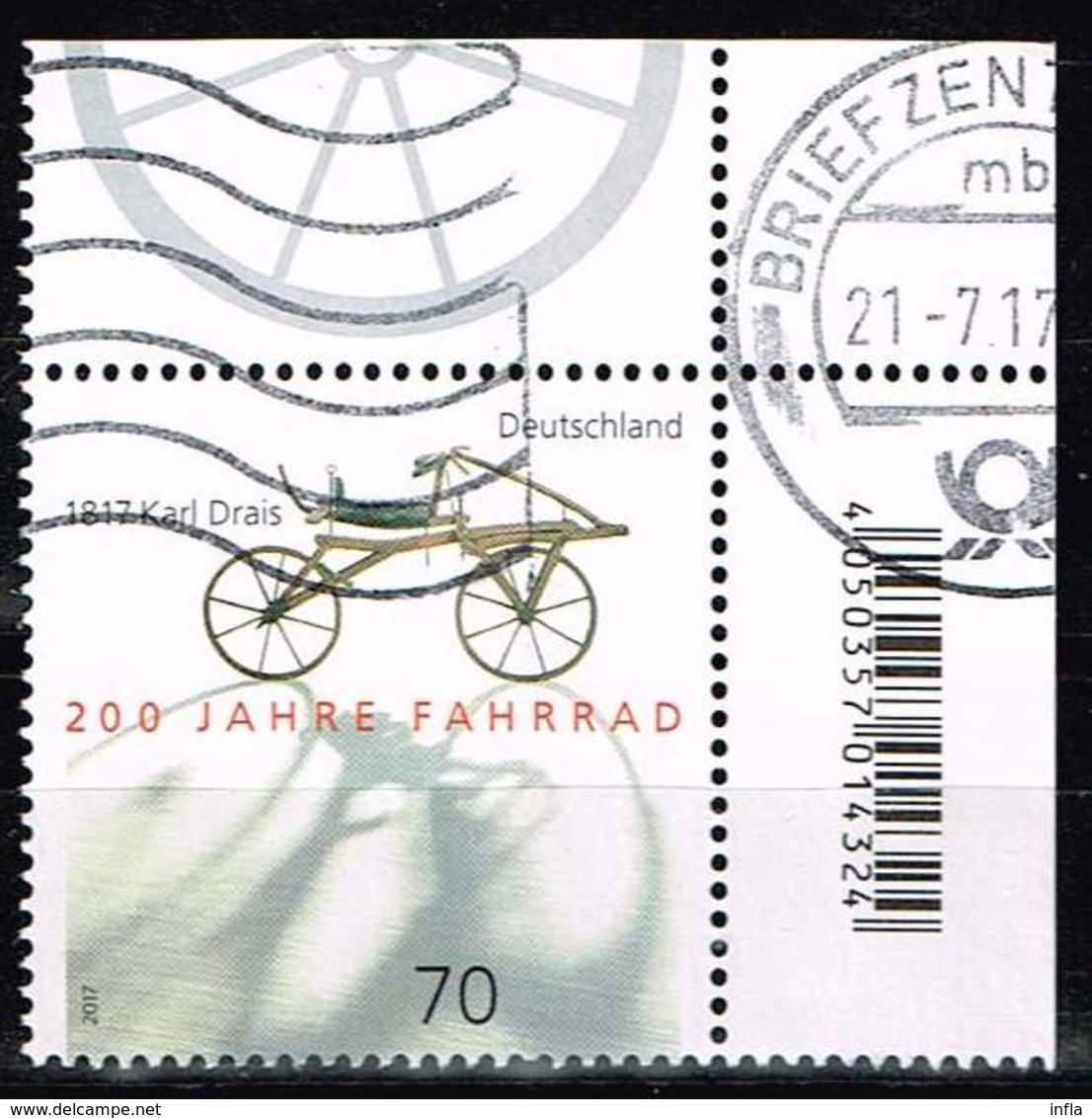 Bund 2017, Michel# 3320 O 200 Jahre Fahrrad - 1817 Karl Drais - Gebraucht