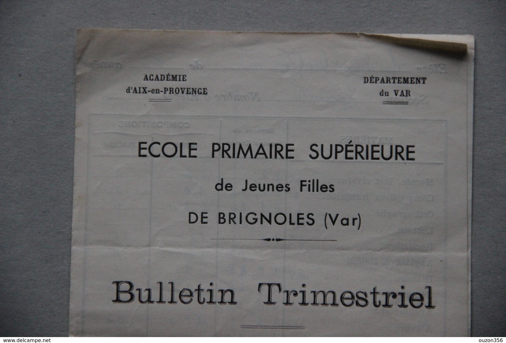 Ecole Primaire Supérieure De Jeunes Filles De Brignoles (Var), Bulletin Trimestriel, 1939 - Diplômes & Bulletins Scolaires