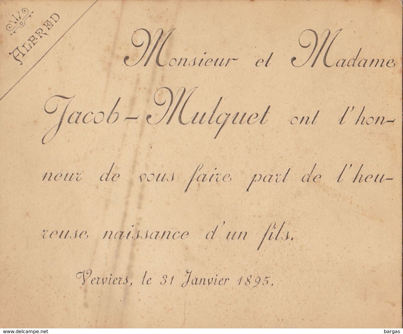 Carton Pour La Naissance D'alfred Jacob Verviers 1895 - Birth & Baptism