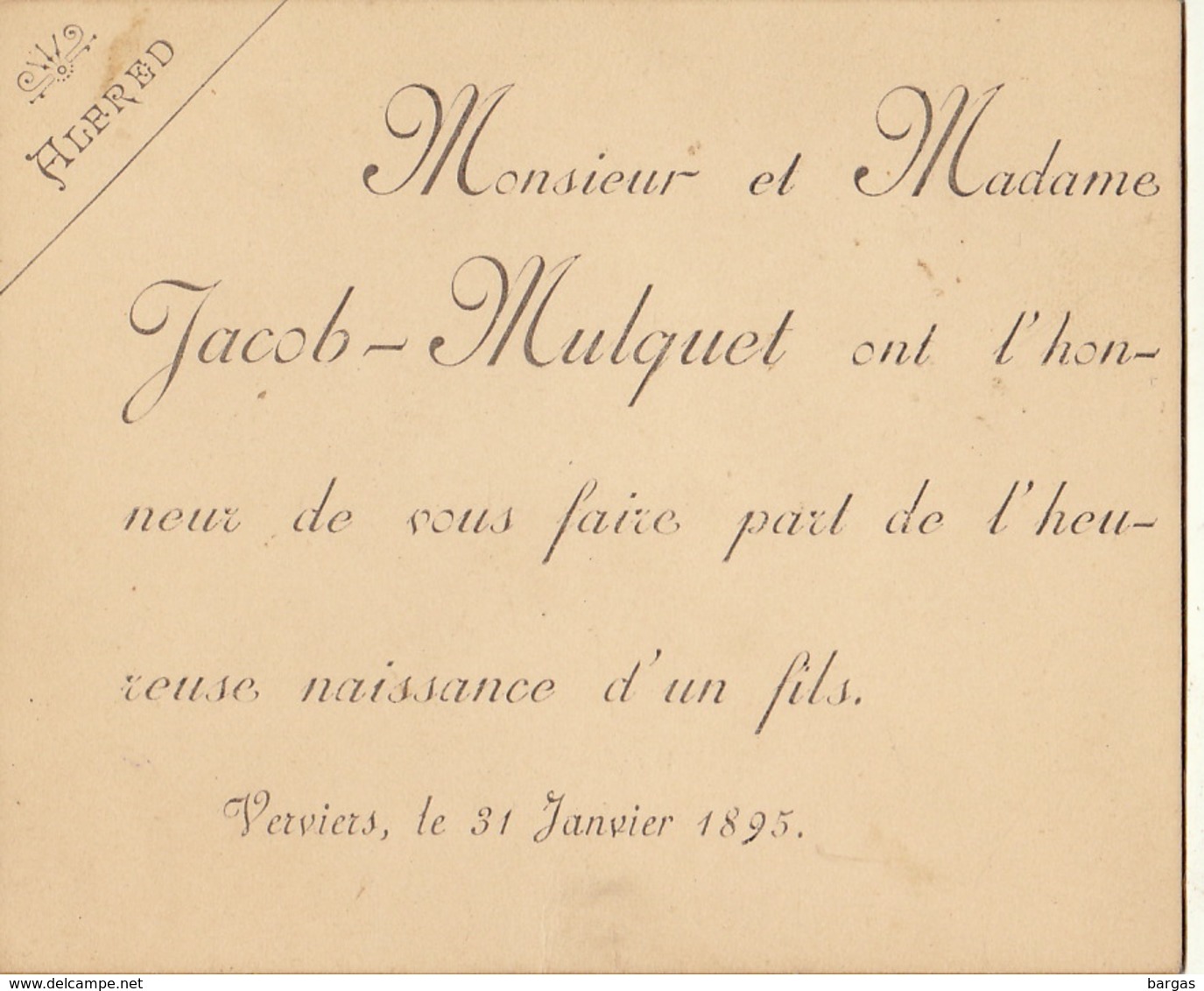 Carton Pour La Naissance D'alfred Jacob Verviers 1895 - Naissance & Baptême