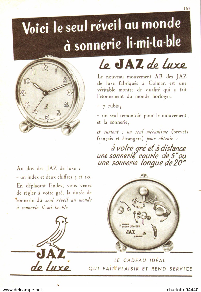 PUB REVEIL  à SONNERIE LIMITABLE  " JAZ  "  1951 - Autres & Non Classés