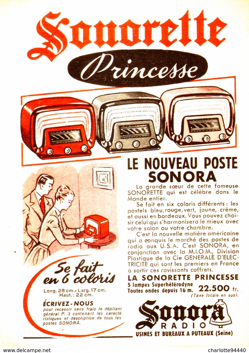 PUB RADIO " SONORETTE PRINCESSE " De   " SONORA  "  1951 - Altri & Non Classificati