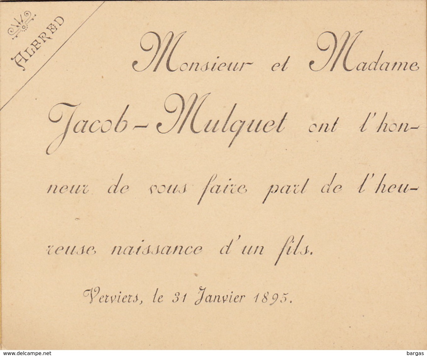 Carton Pour La Naissance D'alfred Jacob Verviers 1895 - Naissance & Baptême