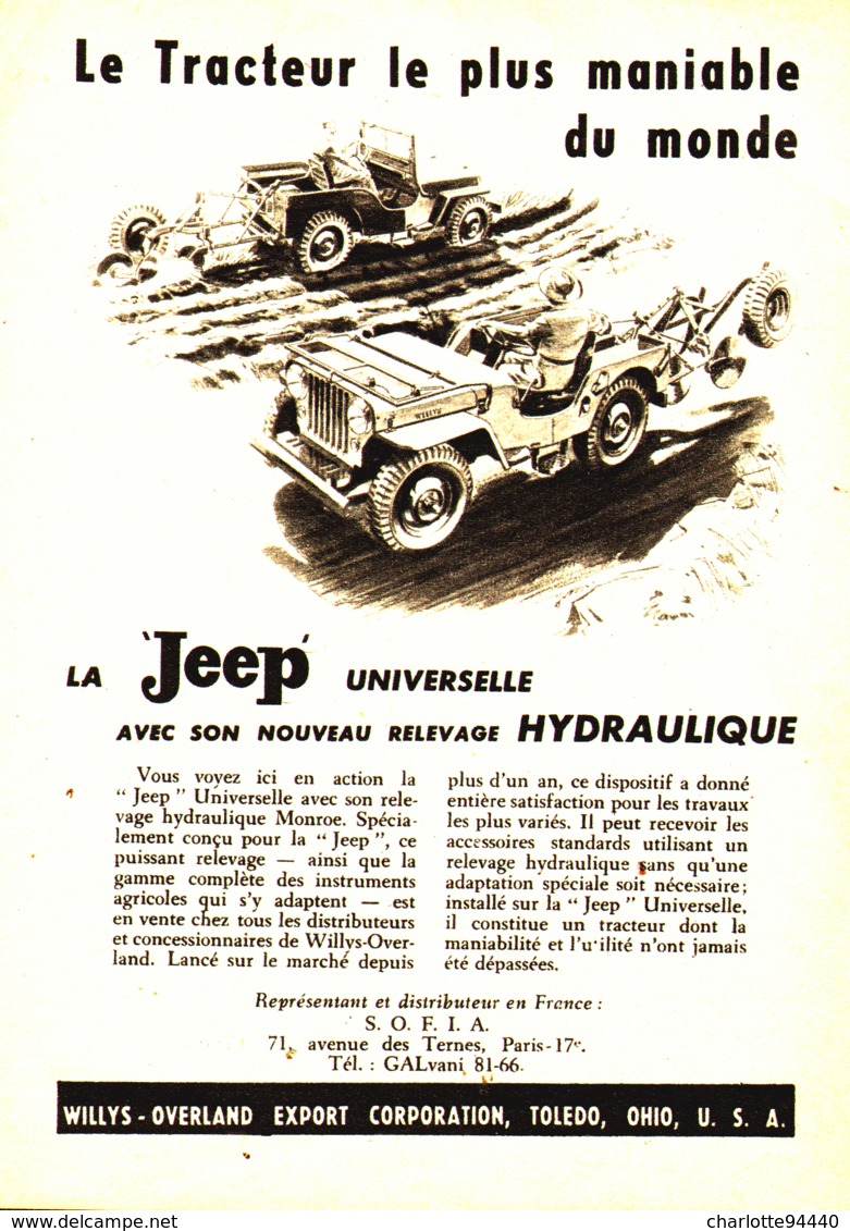 PUB    JEEP   " WILLIS-OVERLAND  "  1948 ( 1 ) - Autres & Non Classés