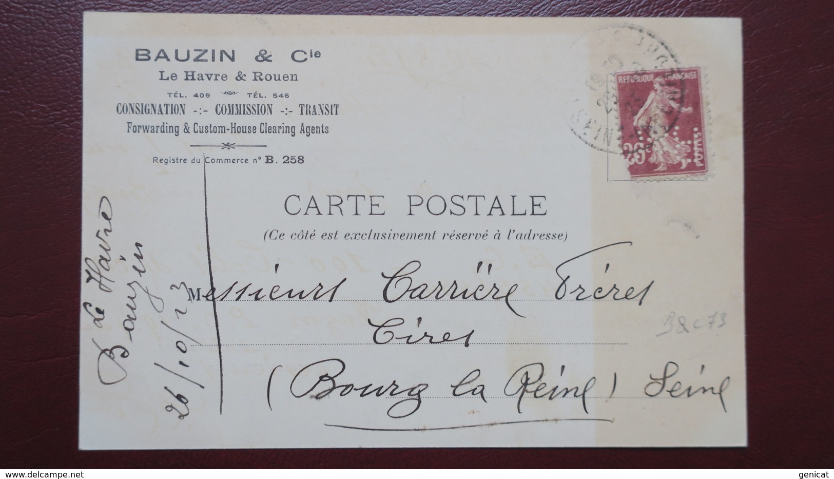 Carte Commerciale Bauzin & Cie Le Havre Perforé B&C 73  (catalogue Ancoper ) 1923 - Other & Unclassified