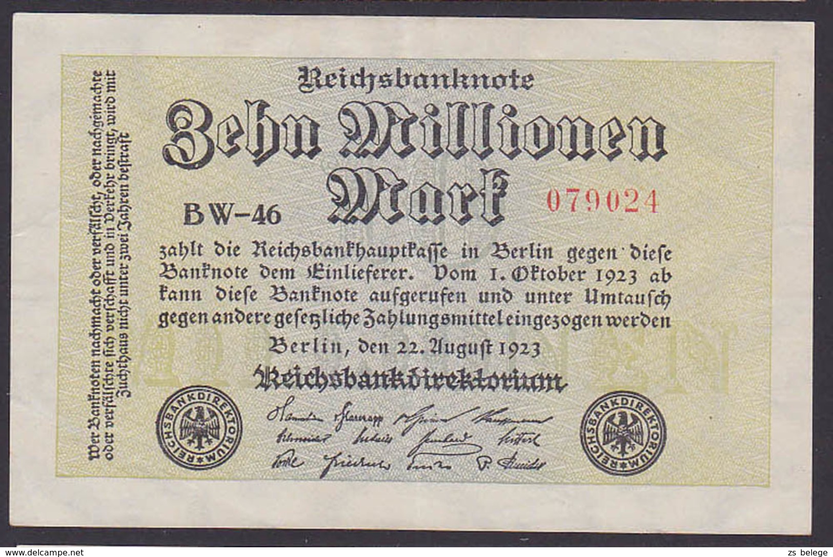 Reichsbanknote 10 Millionen - Rosenberg 105 Mit FZ: BW-46 - 10 Miljoen Mark