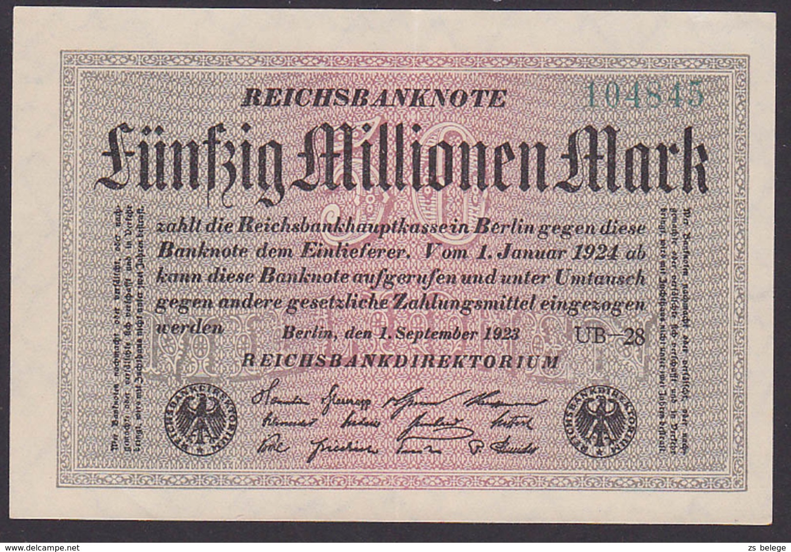 Reichsbanknote 50 Millionen - Rosenberg 108 Mit FZ: UB-28 - 50 Millionen Mark