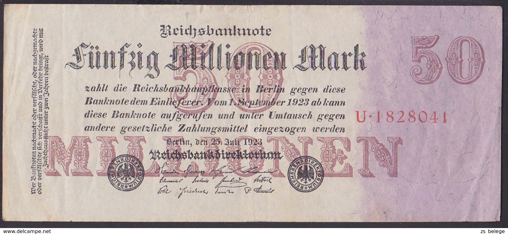 Reichsbanknote 50 Millionen Vom 1.9.23 - Rosenberg 97 Mit FZ: U - 50 Millionen Mark