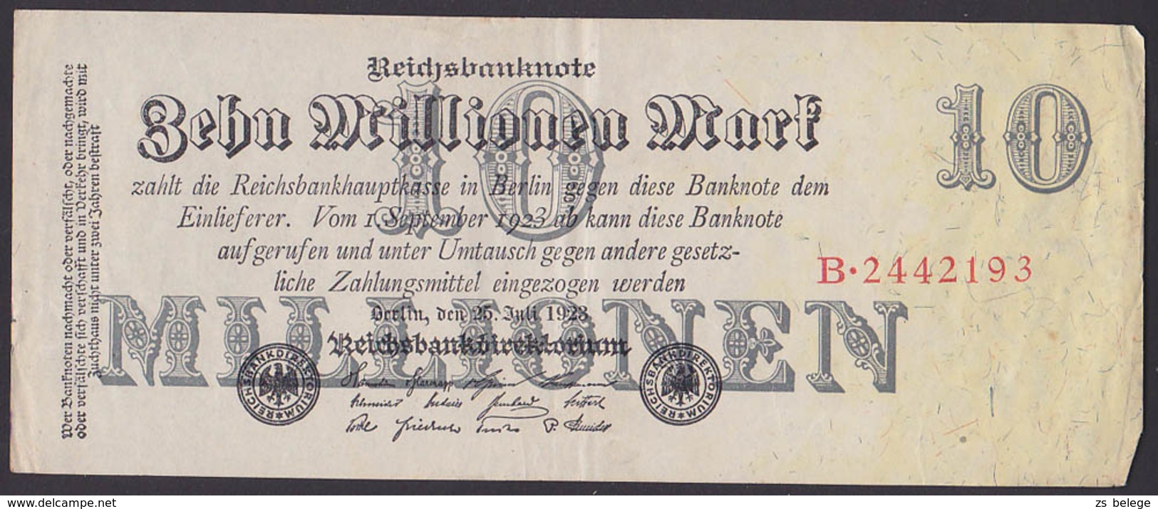 Reichsbanknote 10 Millionen Vom 25.7.1923 - Rosenberg 95 Mit FZ: B - 10 Millionen Mark