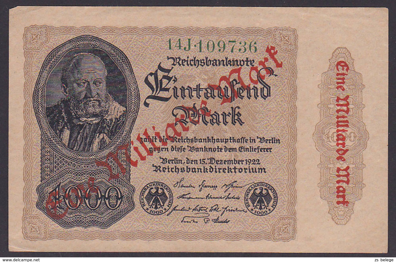 Reichsbanknote 1 Milliarde Vom 15.12.1922 - Rosenberg 110 Mit FZ: 14J - 1 Mrd. Mark