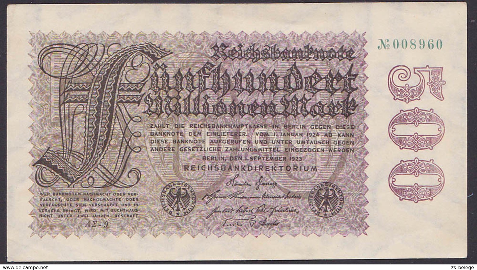 Reichsbanknote 500 Millionen Vom 1.9.1923 - Rosenberg 109 - 500 Miljoen Mark