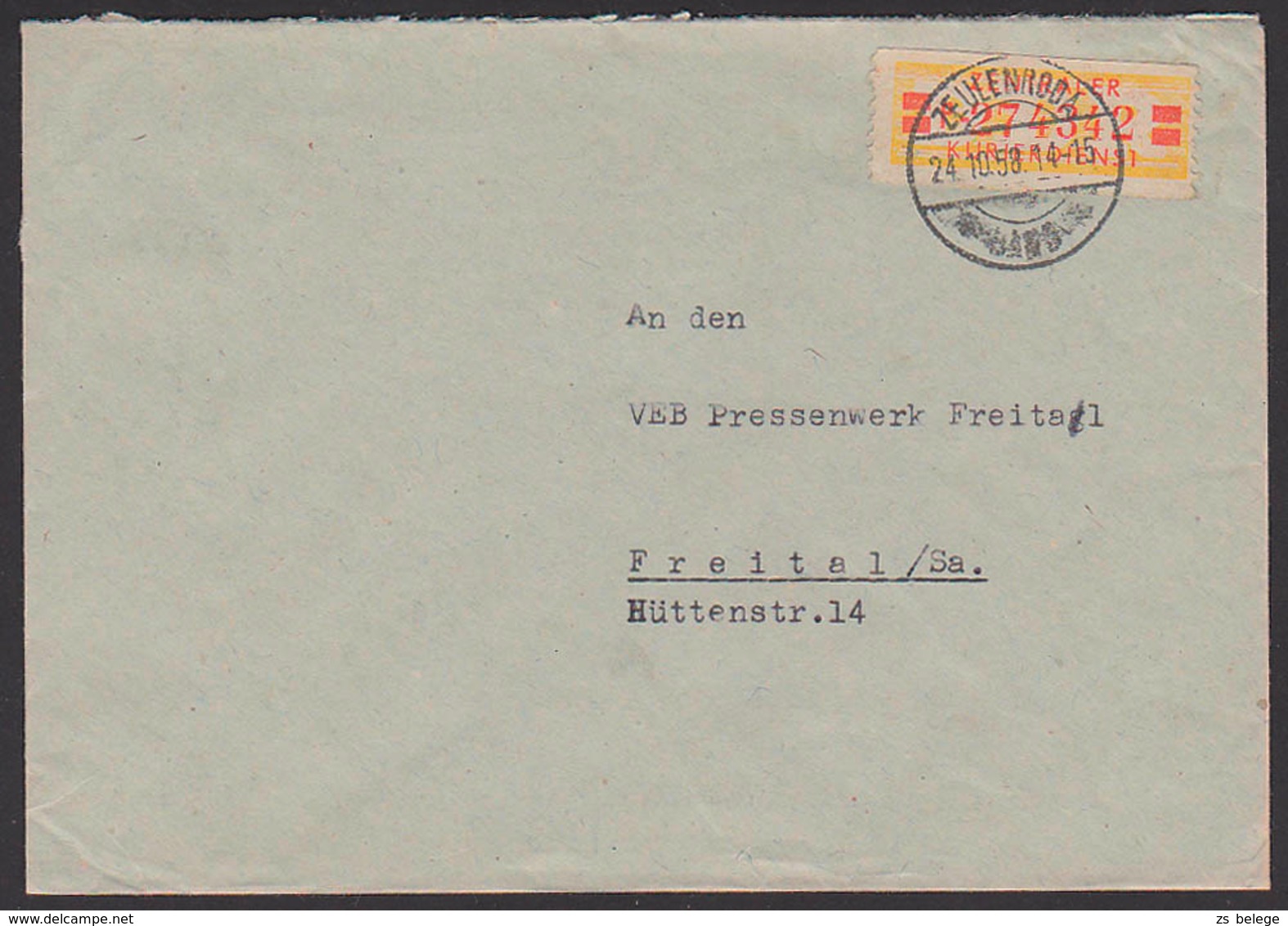 ZKD-Brief B19IIP ZEULENRODA Werkzeugmaschinenfabrik, 24.10.58, Billett-Wertstreifen, "T" Beschädigt - Sonstige & Ohne Zuordnung