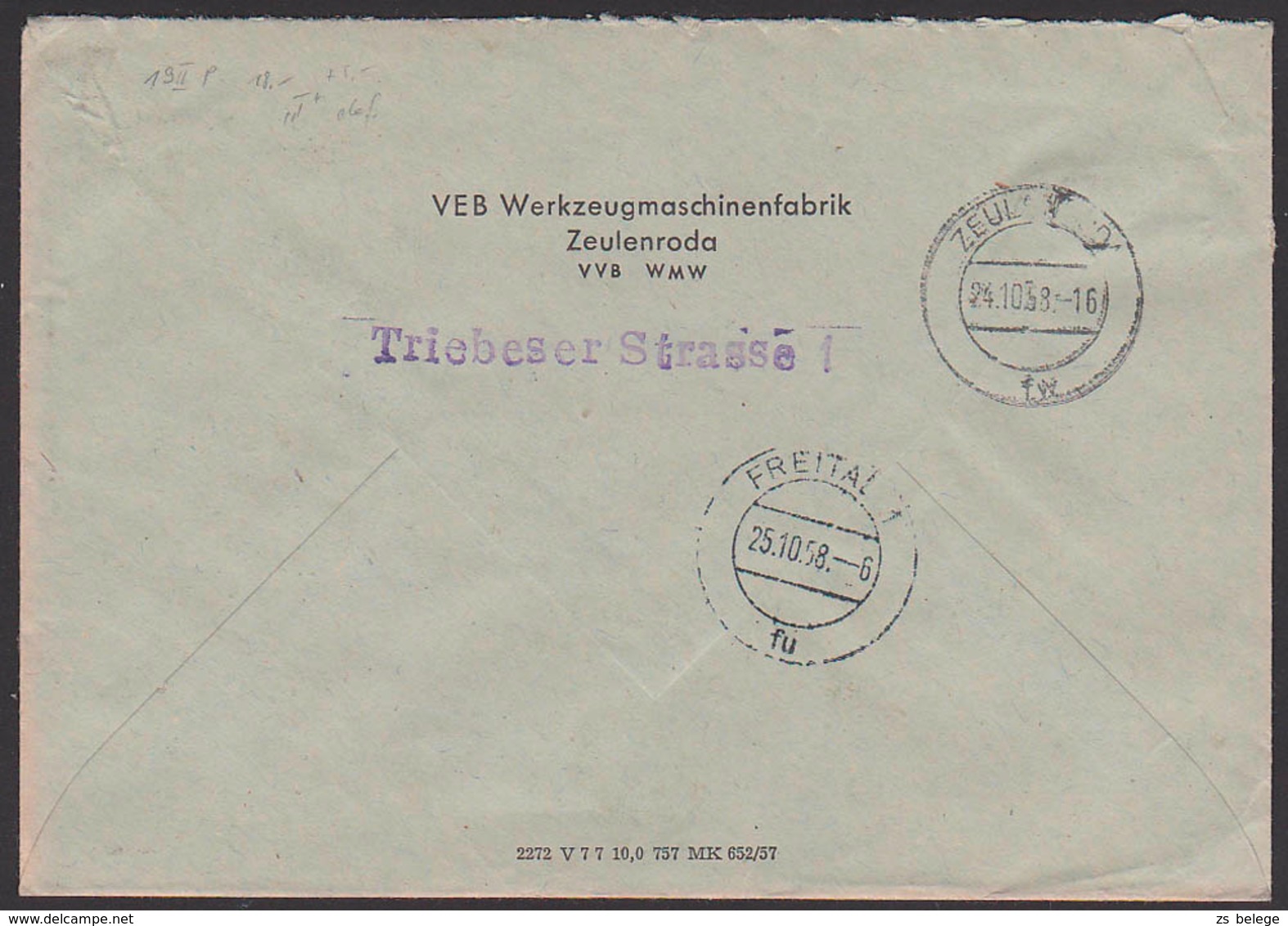 ZKD-Brief B19IIP ZEULENRODA Werkzeugmaschinenfabrik, 24.10.58, Billett-Wertstreifen, "T" Beschädigt - Sonstige & Ohne Zuordnung