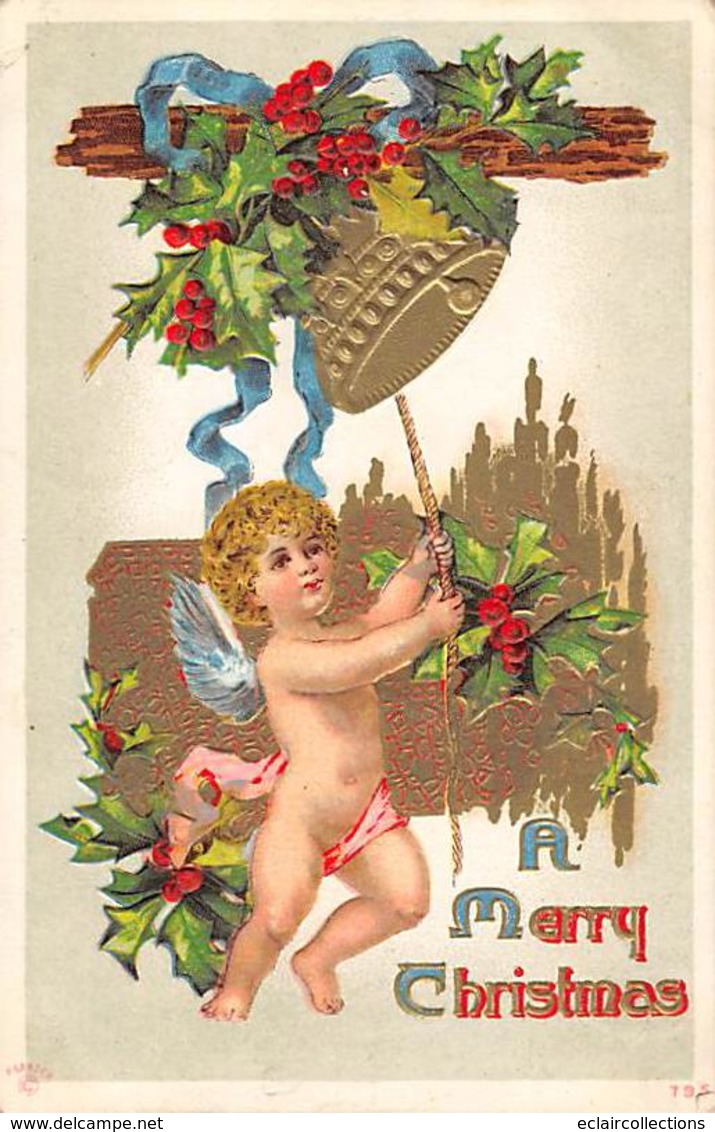 Thème Noël :       Père Noël  Angelot  Cloche .A Merry Chrismas    Carte Gaufrée.     (voir Scan) - Andere & Zonder Classificatie