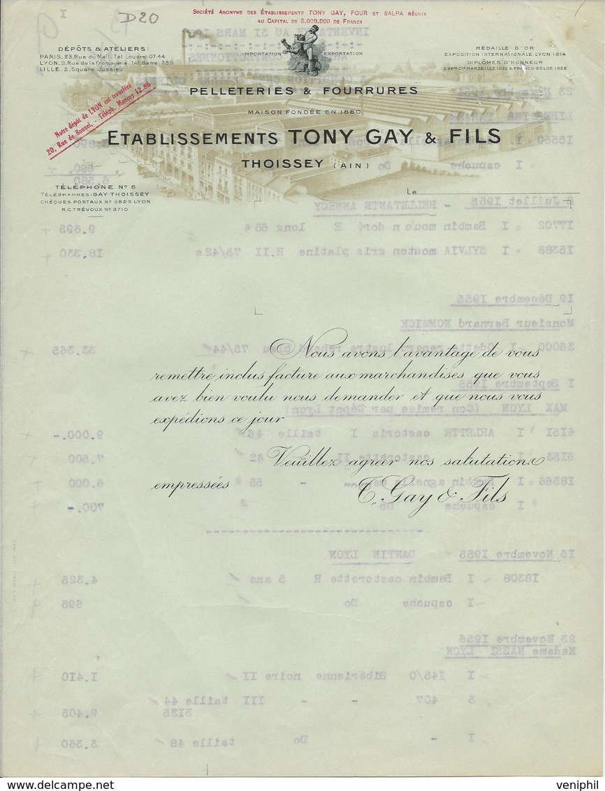 PELLETERIES ET FOURRURES - ETABLISSEMENTS TONY GAY ET FILS -THOISSEY -AIN - - Textile & Vestimentaire