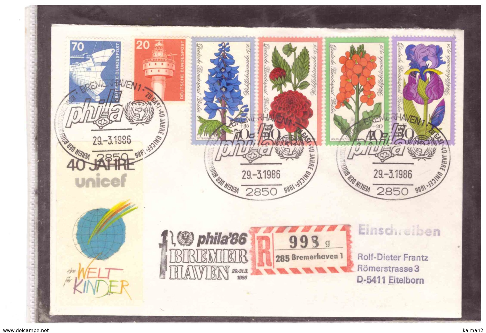 DE2420   -    BREMERHAVEN  29.3.1986      /    RE-COVER WITH  INTERESTING POSTAGE - Storia Postale